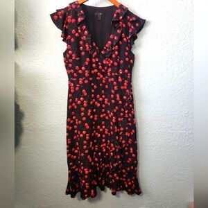 J. Crew Red & Black Cherry Ruffle 100% Silk V-Neck Knee Length Dress